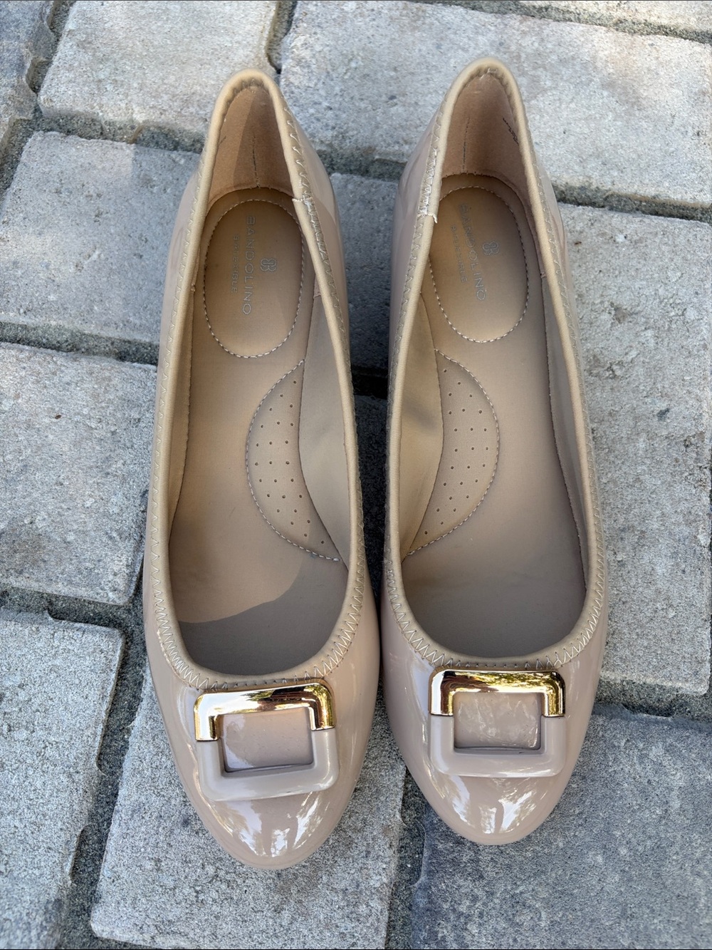 Bandolino Patent Nude Ballet Flats with Gold Buckle size 8M